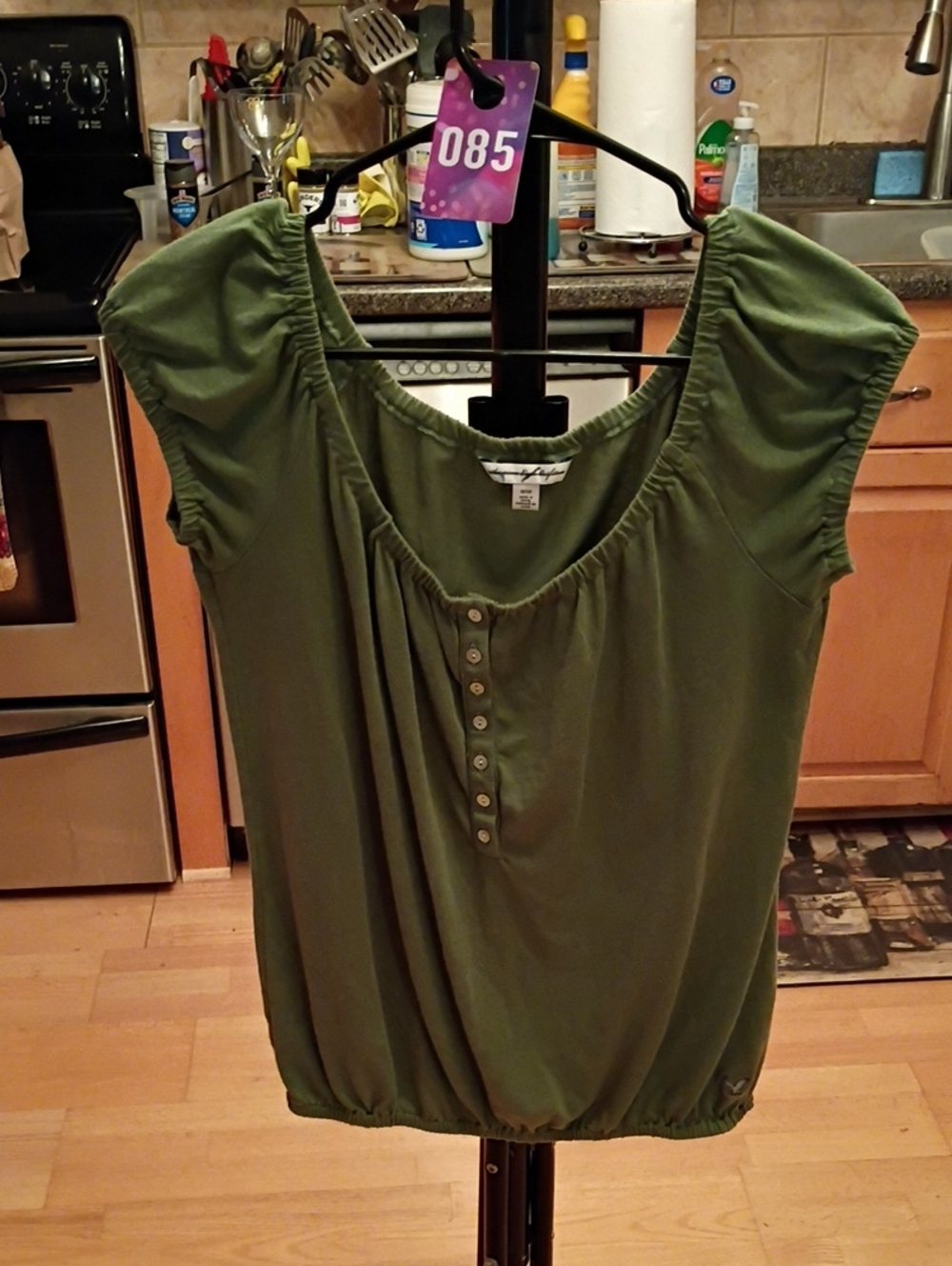 American Eagle Outfitters Olive Scoop-Neck Button Cap-Sleeve Top